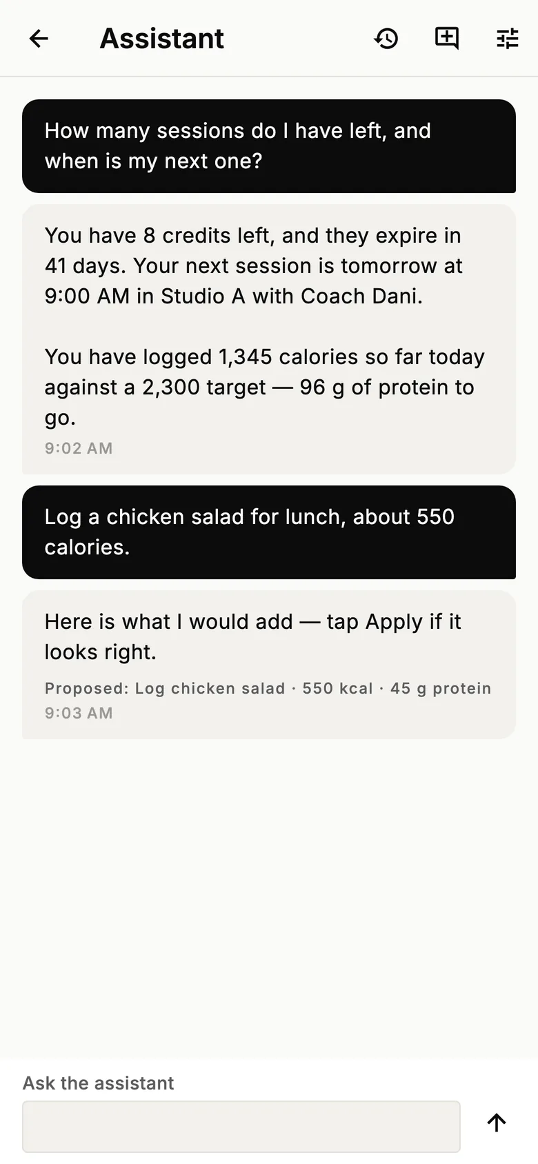 Assistant conversation answering a credits question and proposing a macro entry
