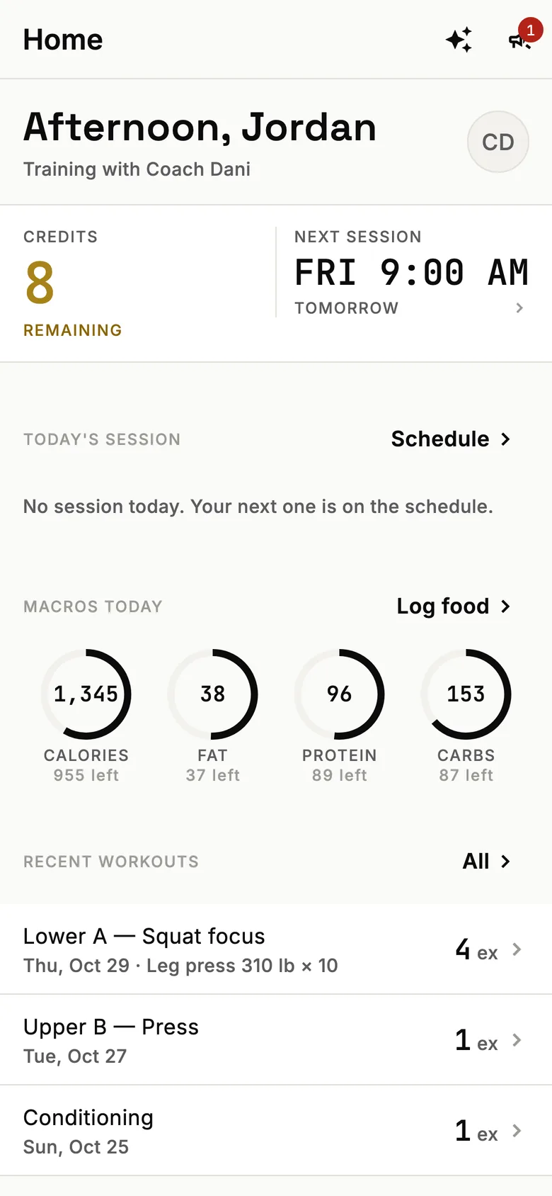 Credits remaining and next session on the home screen